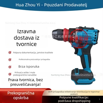 Bez četkasti ručni bušilica, napajana litijskom baterijom, višestruka brzina, tročeljustni čeljustni sklop, uspravna kompaktna bušilica i električni odvijač
