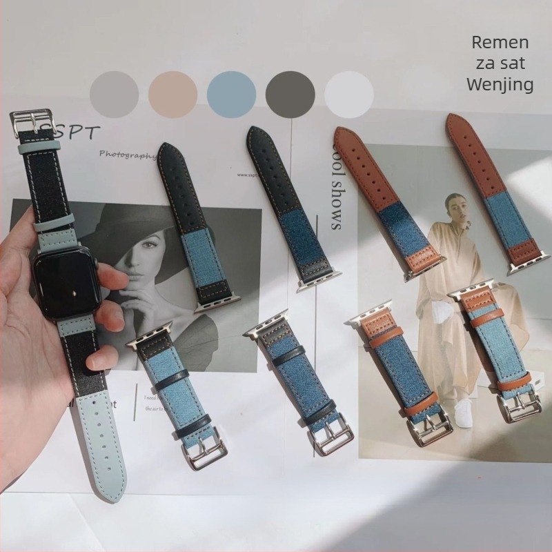 Remen Apple Watch od kože s denim prešivanjem i prozračnim platnom, 22 mm, kompatibilan sa Series 8/SE