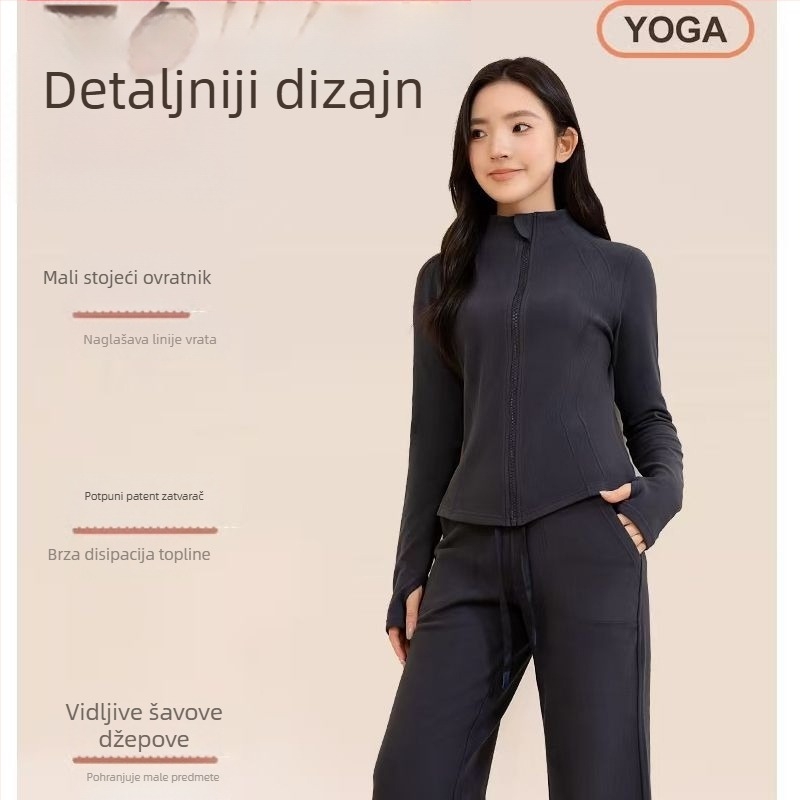 Ženski visokokvalitetni jogasti komplet — kardigan s uspravnim ovratnikom, dugi rukavi, hlače visokog struka i ravnog kroja, dvodijelni set od poliesterskih vlakana