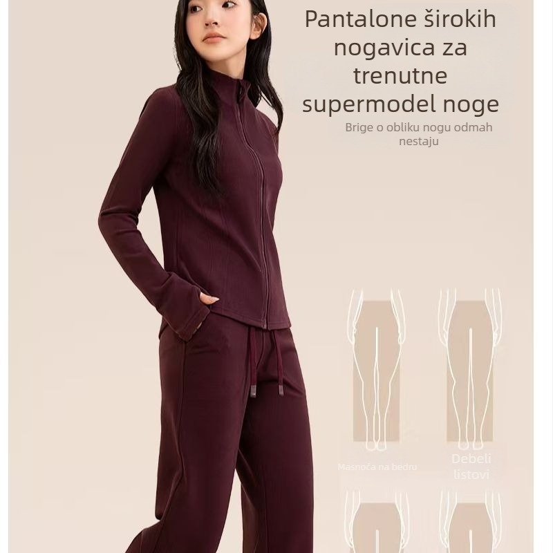 Ženski visokokvalitetni jogasti komplet — kardigan s uspravnim ovratnikom, dugi rukavi, hlače visokog struka i ravnog kroja, dvodijelni set od poliesterskih vlakana