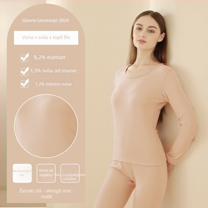 Unisex termalni set baznog sloja (majica i hlače) – dvostruki sloj, flis podstava, velur podstava, okrugli ovratnik, debeo materijal 201–250 g/m²