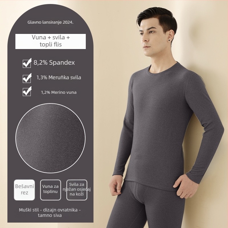 Unisex termalni set baznog sloja (majica i hlače) – dvostruki sloj, flis podstava, velur podstava, okrugli ovratnik, debeo materijal 201–250 g/m²