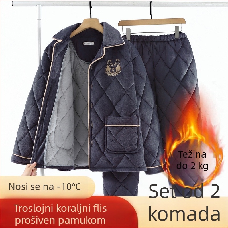 Muški zimski pidžama set: tri sloja, debeli fleec s Coral fleece podstavom, prešiven flanel, plus veličina, toplo kućno odijevanje