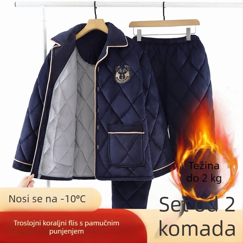 Muški zimski pidžama set: tri sloja, debeli fleec s Coral fleece podstavom, prešiven flanel, plus veličina, toplo kućno odijevanje