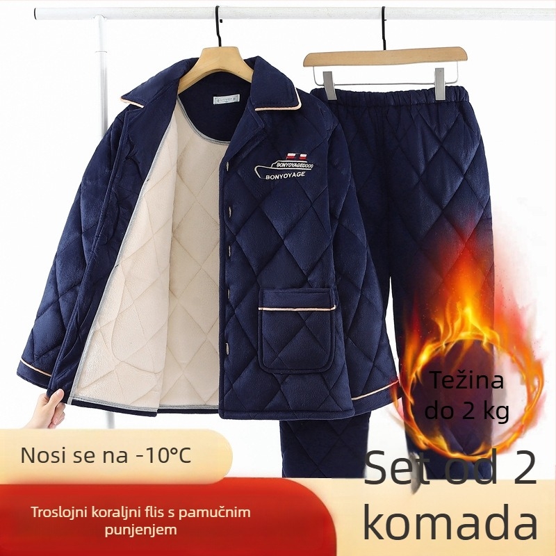 Muški zimski pidžama set: tri sloja, debeli fleec s Coral fleece podstavom, prešiven flanel, plus veličina, toplo kućno odijevanje