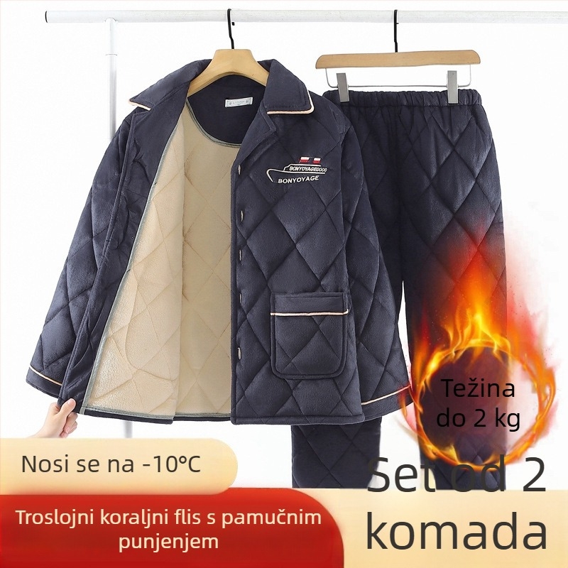 Muški zimski pidžama set: tri sloja, debeli fleec s Coral fleece podstavom, prešiven flanel, plus veličina, toplo kućno odijevanje