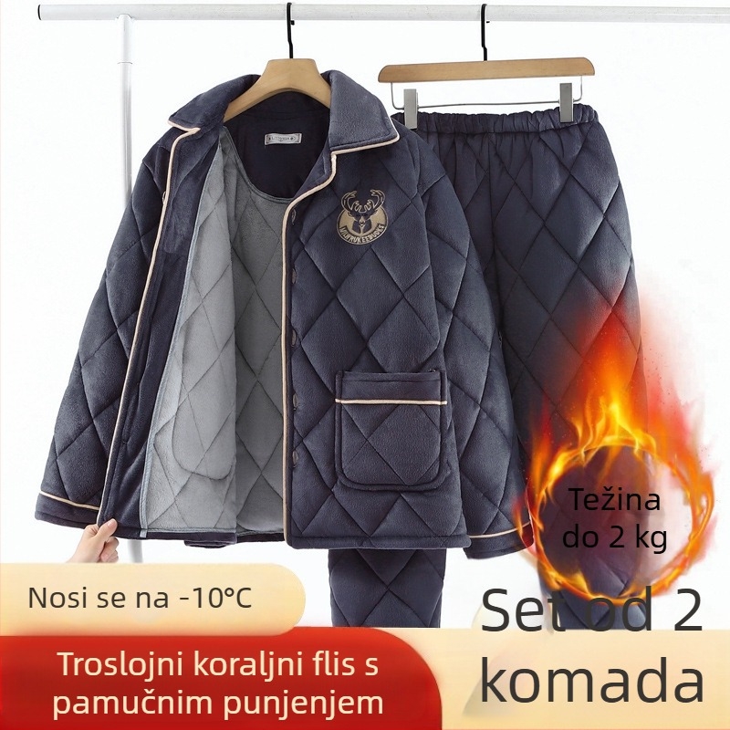 Muški zimski pidžama set: tri sloja, debeli fleec s Coral fleece podstavom, prešiven flanel, plus veličina, toplo kućno odijevanje