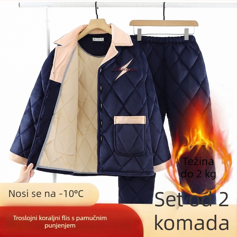 Muški zimski pidžama set: tri sloja, debeli fleec s Coral fleece podstavom, prešiven flanel, plus veličina, toplo kućno odijevanje