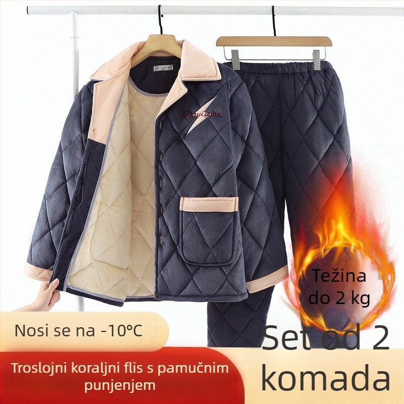 Muški zimski pidžama set: tri sloja, debeli fleec s Coral fleece podstavom, prešiven flanel, plus veličina, toplo kućno odijevanje