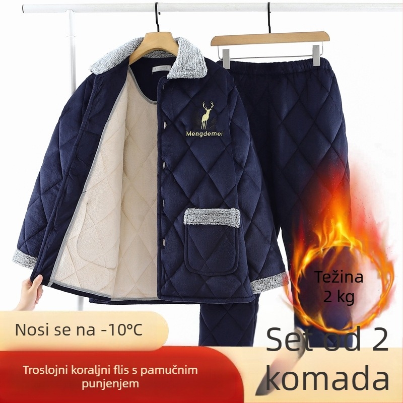 Muški zimski pidžama set: tri sloja, debeli fleec s Coral fleece podstavom, prešiven flanel, plus veličina, toplo kućno odijevanje