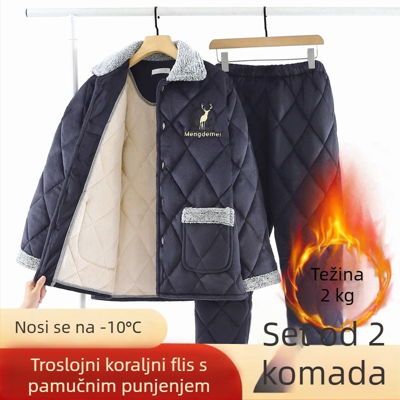 Muški zimski pidžama set: tri sloja, debeli fleec s Coral fleece podstavom, prešiven flanel, plus veličina, toplo kućno odijevanje