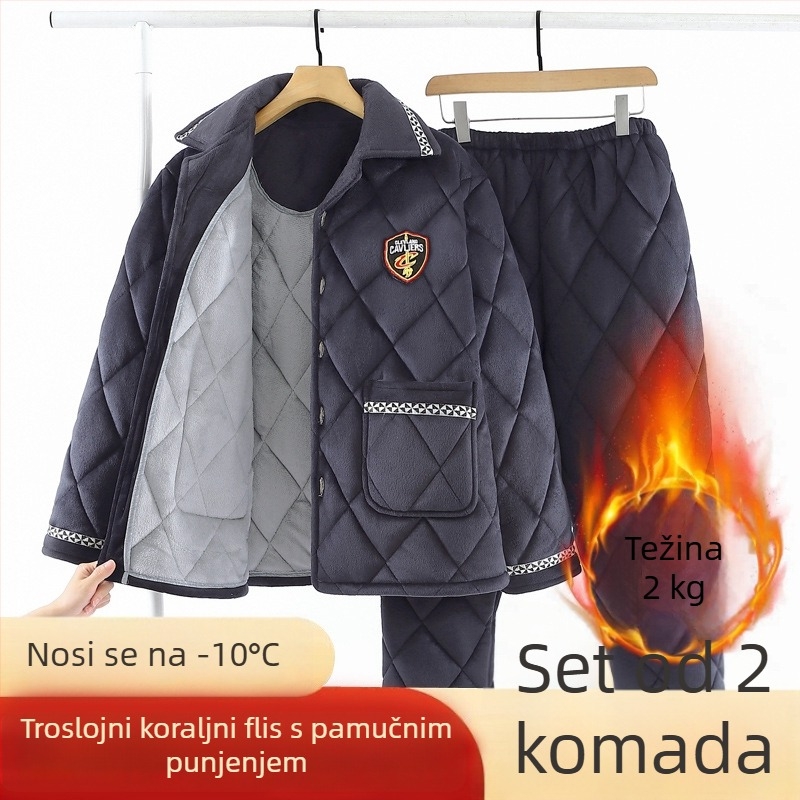 Muški zimski pidžama set: tri sloja, debeli fleec s Coral fleece podstavom, prešiven flanel, plus veličina, toplo kućno odijevanje