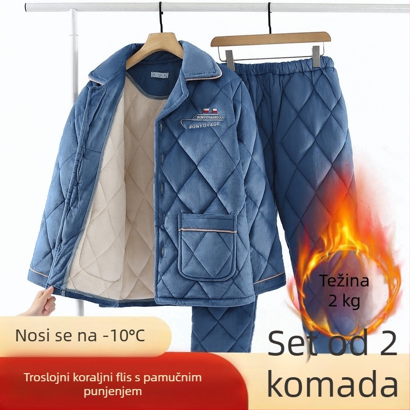 Muški zimski pidžama set: tri sloja, debeli fleec s Coral fleece podstavom, prešiven flanel, plus veličina, toplo kućno odijevanje