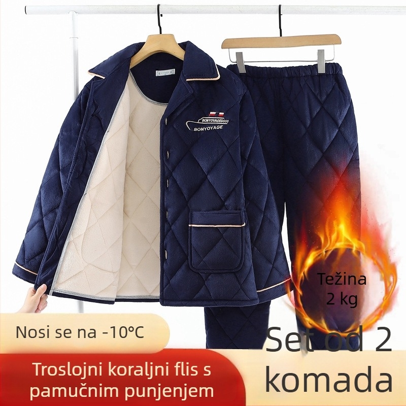 Muški zimski pidžama set: tri sloja, debeli fleec s Coral fleece podstavom, prešiven flanel, plus veličina, toplo kućno odijevanje