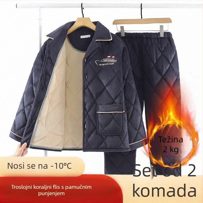 Muški zimski pidžama set: tri sloja, debeli fleec s Coral fleece podstavom, prešiven flanel, plus veličina, toplo kućno odijevanje