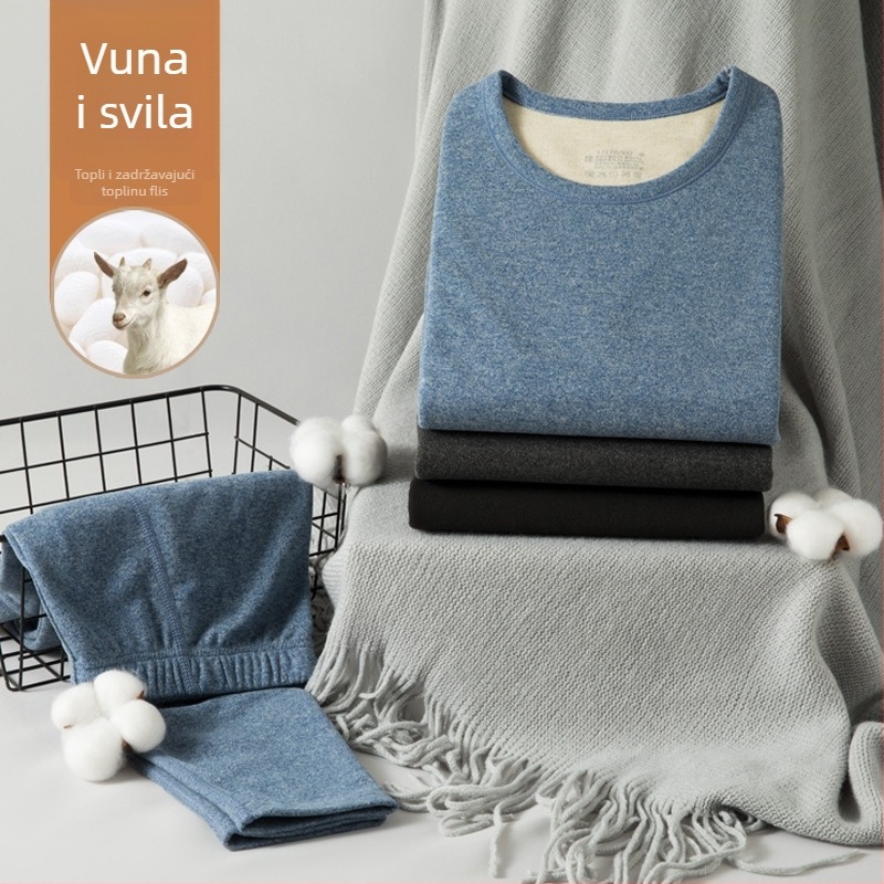 Unisex termalni komplet donjeg rublja od vune i svile, okrugli ovratnik, debeli flis iznutra, dugi rukavi