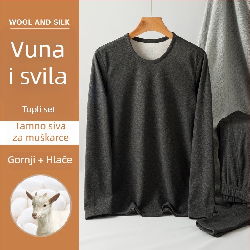 Unisex termalni komplet donjeg rublja od vune i svile, okrugli ovratnik, debeli flis iznutra, dugi rukavi