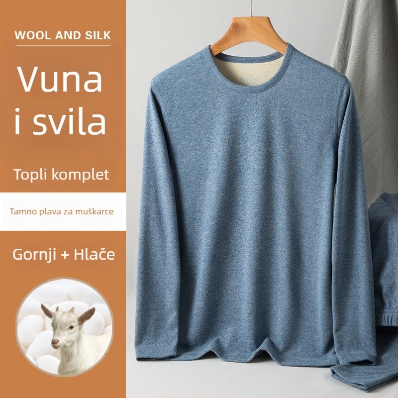 Unisex termalni komplet donjeg rublja od vune i svile, okrugli ovratnik, debeli flis iznutra, dugi rukavi