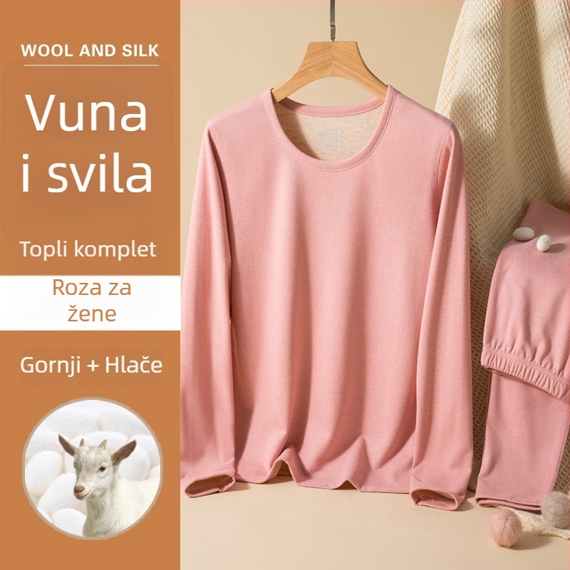 Unisex termalni komplet donjeg rublja od vune i svile, okrugli ovratnik, debeli flis iznutra, dugi rukavi