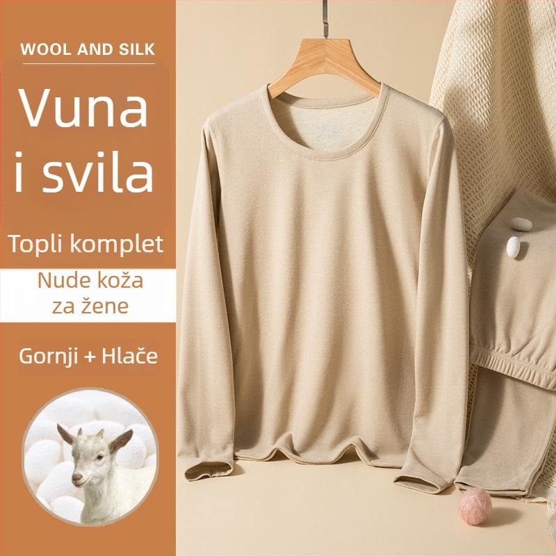 Unisex termalni komplet donjeg rublja od vune i svile, okrugli ovratnik, debeli flis iznutra, dugi rukavi