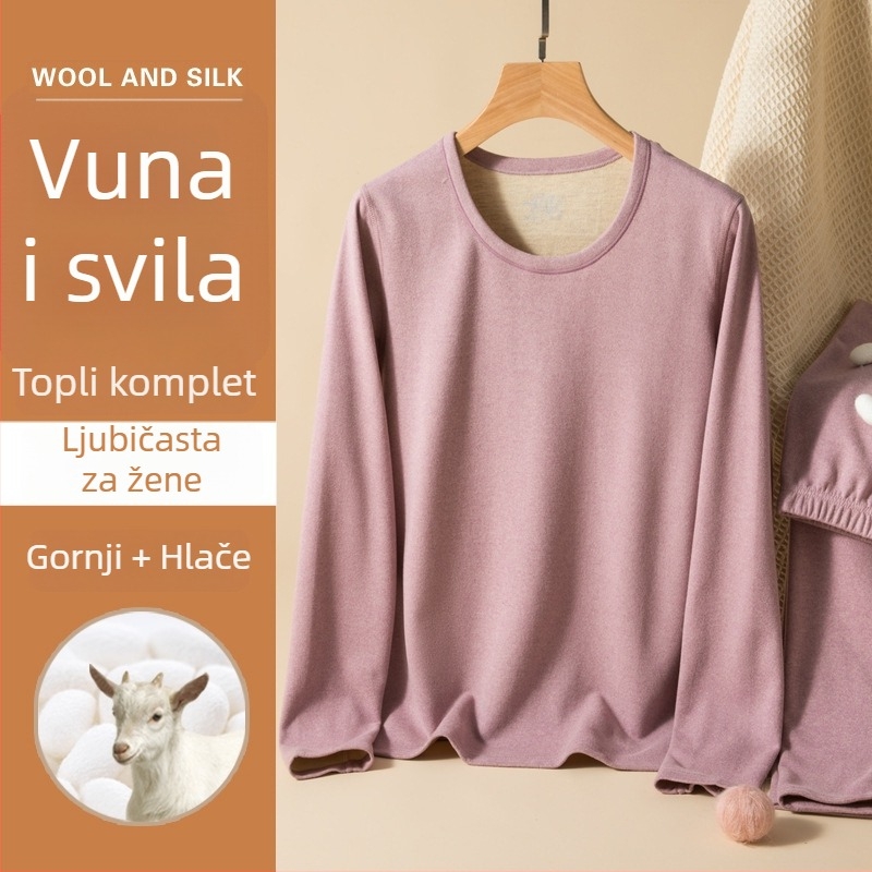 Unisex termalni komplet donjeg rublja od vune i svile, okrugli ovratnik, debeli flis iznutra, dugi rukavi