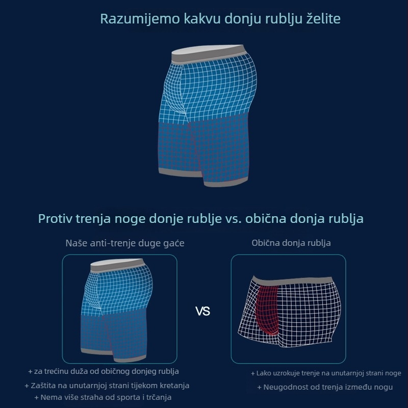 Muške besprijekorne bokserice sa srednjim strukom, prozračne od regenerirane celuloze; podstava 95–100% regenerirane celuloze; dugačke nogavice za trčanje