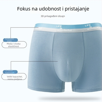 Muške bokserice, 95–100% pamuka, pleteni materijal, srednje visine struka, prozračne i elastične, podstava u području prepona viskozna 80–90%.