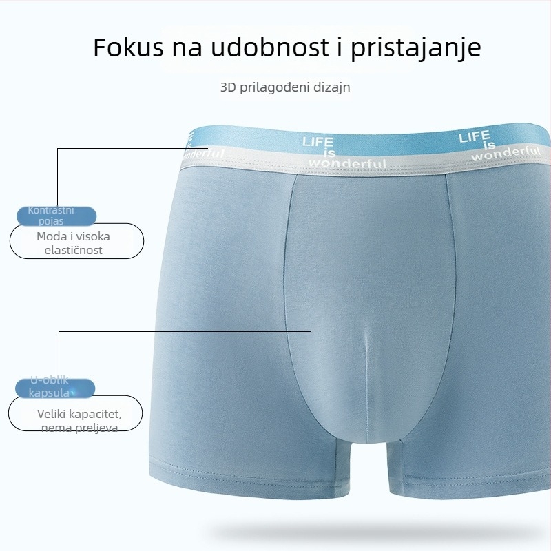 Muške bokserice, 95–100% pamuka, pleteni materijal, srednje visine struka, prozračne i elastične, podstava u području prepona viskozna 80–90%.