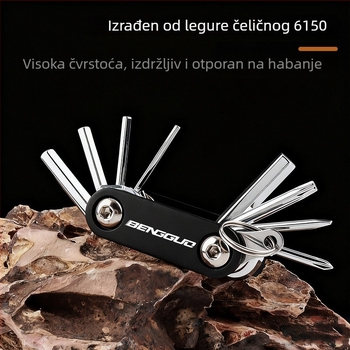 Prijenosni set alata za popravak bicikla za planinske i cestovne bicikle — šesterostruki odvijači, ključevi i utičnice, kućište od aluminijske legure, ključevi od legure 6150