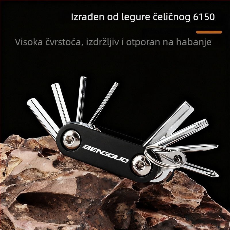 Prijenosni set alata za popravak bicikla za planinske i cestovne bicikle — šesterostruki odvijači, ključevi i utičnice, kućište od aluminijske legure, ključevi od legure 6150