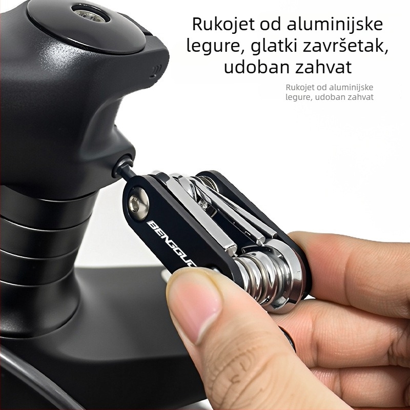 Prijenosni set alata za popravak bicikla za planinske i cestovne bicikle — šesterostruki odvijači, ključevi i utičnice, kućište od aluminijske legure, ključevi od legure 6150