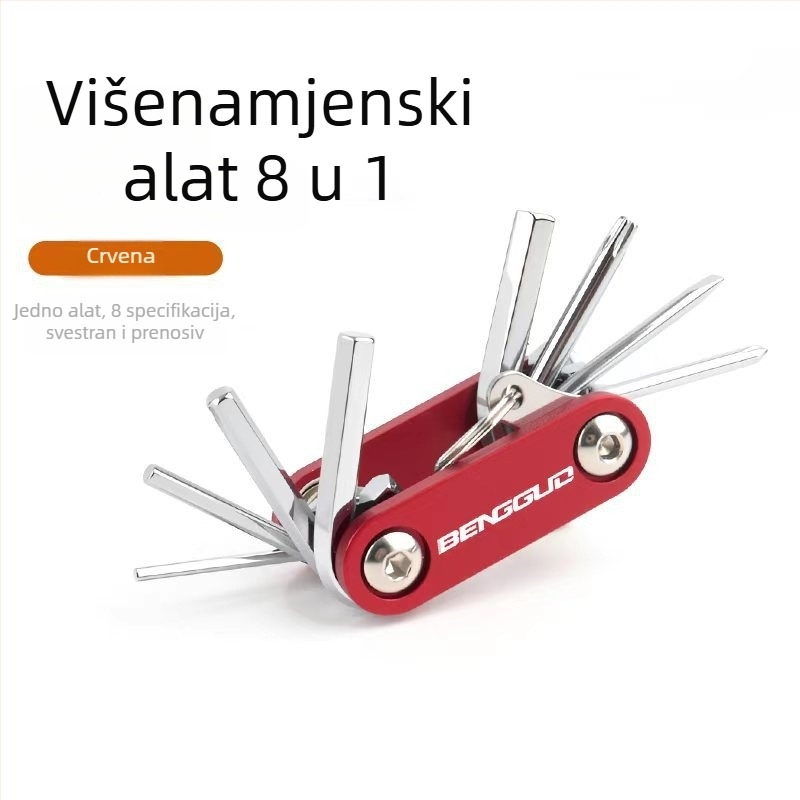 Prijenosni set alata za popravak bicikla za planinske i cestovne bicikle — šesterostruki odvijači, ključevi i utičnice, kućište od aluminijske legure, ključevi od legure 6150