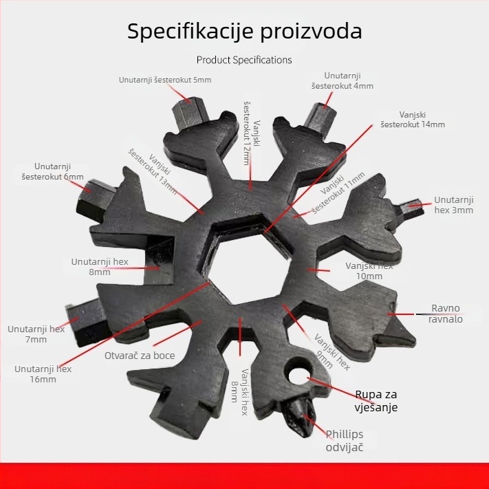 Snowflake Višenamjenski alat s mini šesterokutnim i osmerokutnim odvijačem, prijenosna kartica alata, Cr-V čelik