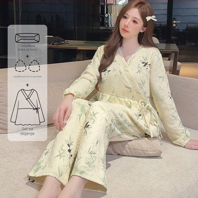 Pamukasti set pidžama za dojenje, s V-izrezom, dugim rukavima i hlačama, jesen-zima, 90-95% pamuka