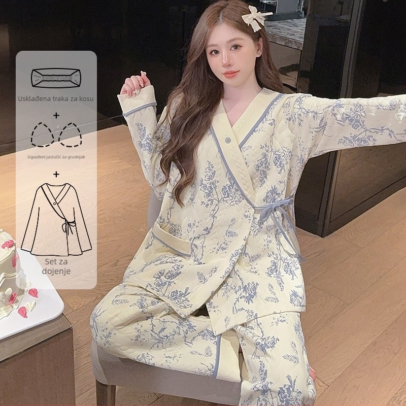 Pamukasti set pidžama za dojenje, s V-izrezom, dugim rukavima i hlačama, jesen-zima, 90-95% pamuka