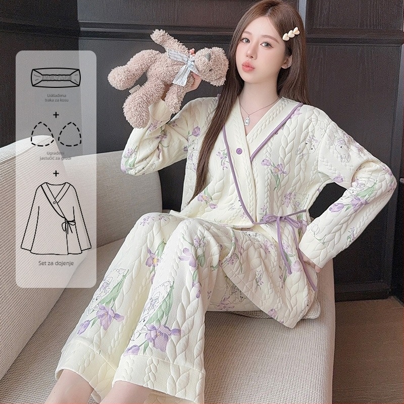 Pamukasti set pidžama za dojenje, s V-izrezom, dugim rukavima i hlačama, jesen-zima, 90-95% pamuka