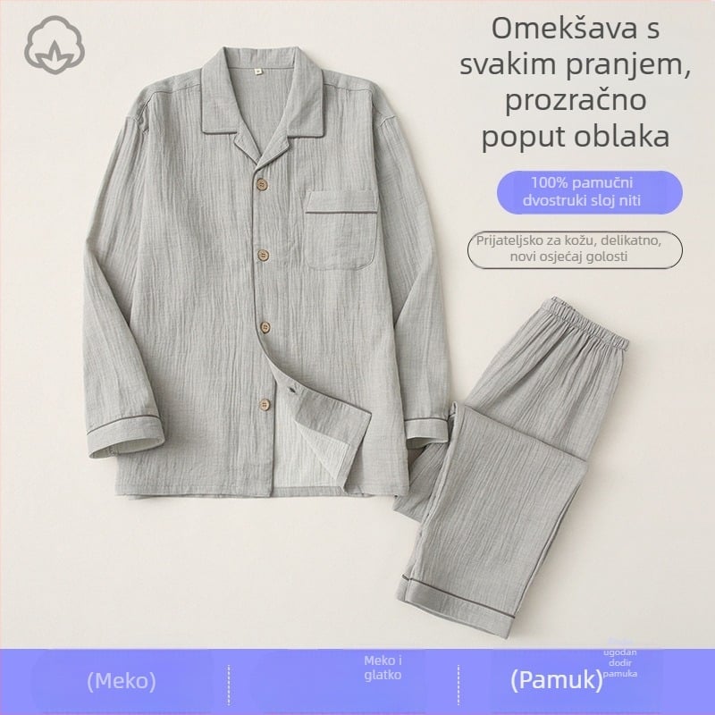 Muški pidžama set - dvostruko složena gaz - 100% pamuk - japanski minimalistički stil - dugi rukavi