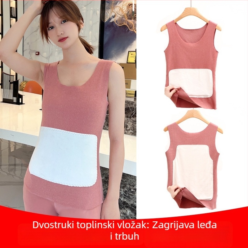 Ženski termalni prsluk s fleec podstavom, bezšivan, debela poliester tkanina Derong, jednobojni dizajn, velur aplikacija, okrugli izrez