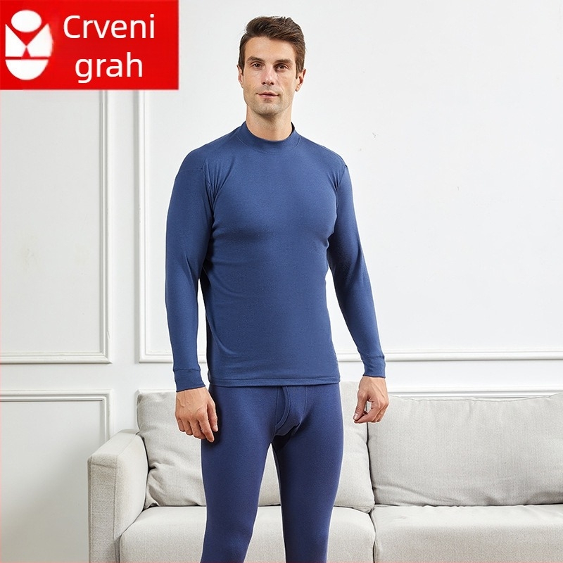 Muški pamuk termoski komplet s srednje visokim ovratnikom, udoban kroj, jednoslojni, ekstra debela tkanina 301–350 g/m², podstava od pamuka 100%, za starije muškarce.