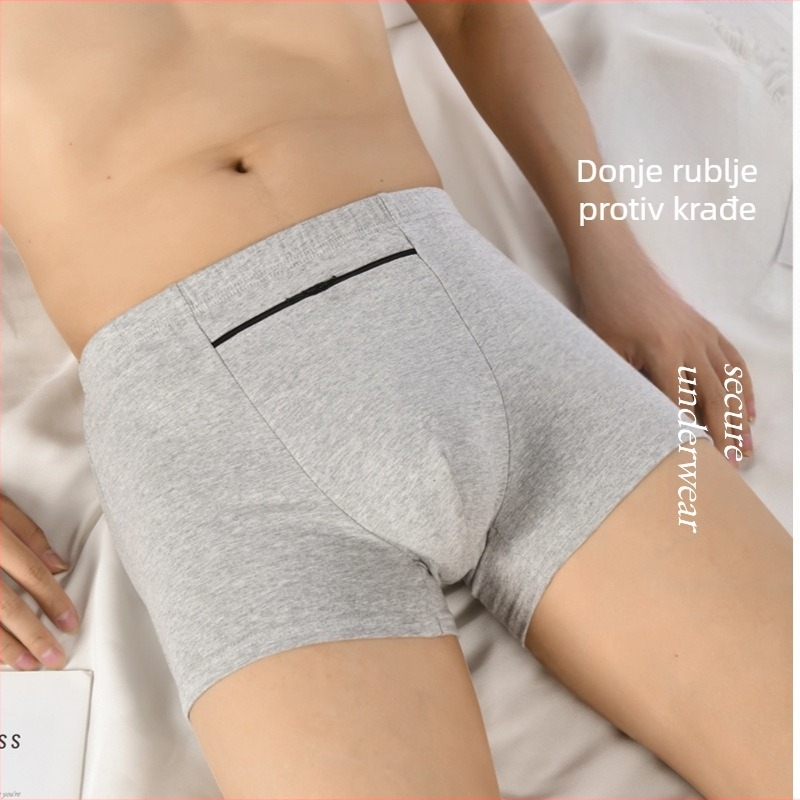 Muške bokserice protiv krađe s džepom i dvostrukim zipovima, prozračne pamuk, srednja visina struka, jednofarbni uzorak, 90–95% pamuka, za sve sezone