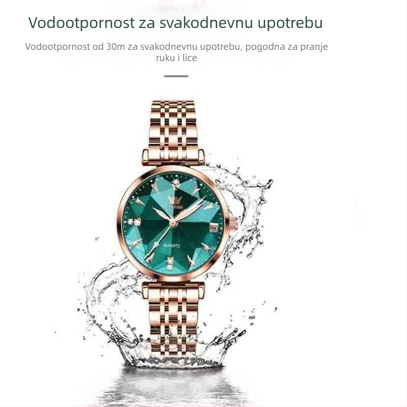 Ženski luksuzni kvarcni sat, vodootporan do 30m, okrugli brojčanik, analogni prikaz, kućište i remen od legure, mineralno ojačano staklo, spirala krunica, kvarcni pogon CHIRT, model Rili, podrijetlo pokreta Japan