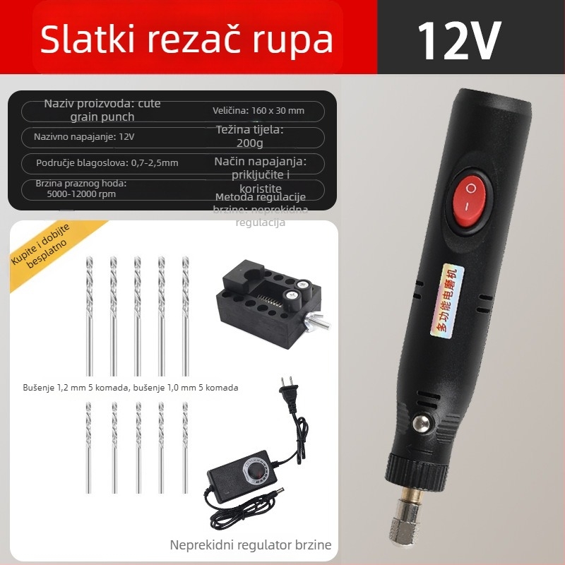 Mini električna bušilica 12V s neprekidnim podešavanjem brzine, četkasti motor, napajanje iz mreže, univerzalni čeljustni držač, bez povratne rotacije