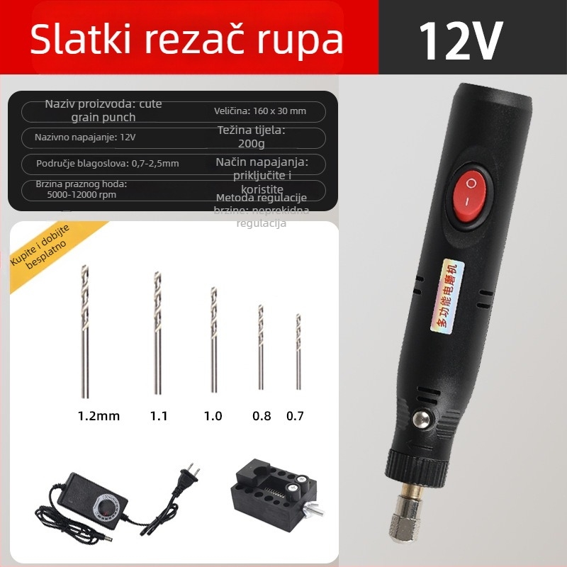 Mini električna bušilica 12V s neprekidnim podešavanjem brzine, četkasti motor, napajanje iz mreže, univerzalni čeljustni držač, bez povratne rotacije