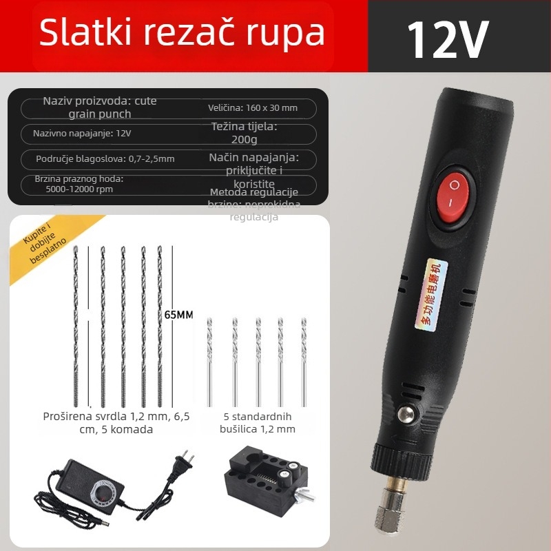 Mini električna bušilica 12V s neprekidnim podešavanjem brzine, četkasti motor, napajanje iz mreže, univerzalni čeljustni držač, bez povratne rotacije