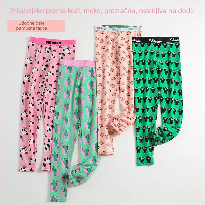 Ženske pamučne tople hlače s printom crtića, srednji pojas, tijesan kroj, jednodijelne