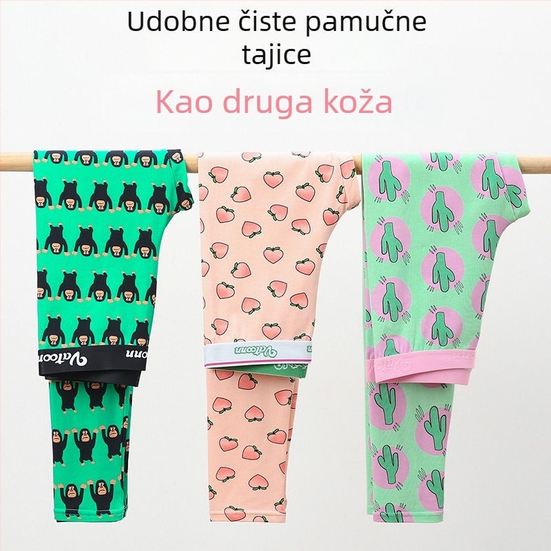 Ženske pamučne tople hlače s printom crtića, srednji pojas, tijesan kroj, jednodijelne