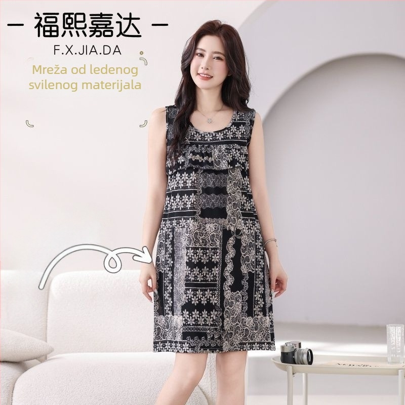 Fuxi Jiada 2025 Ljeto Ležerna noćna haljina s modnim otiskom, Ice Silk materijal, jednostavan i vitak kroj, bez umetaka za grudi