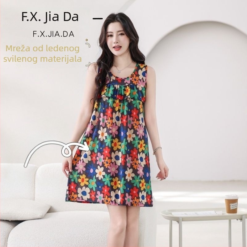 Fuxi Jiada 2025 Ljeto Ležerna noćna haljina s modnim otiskom, Ice Silk materijal, jednostavan i vitak kroj, bez umetaka za grudi