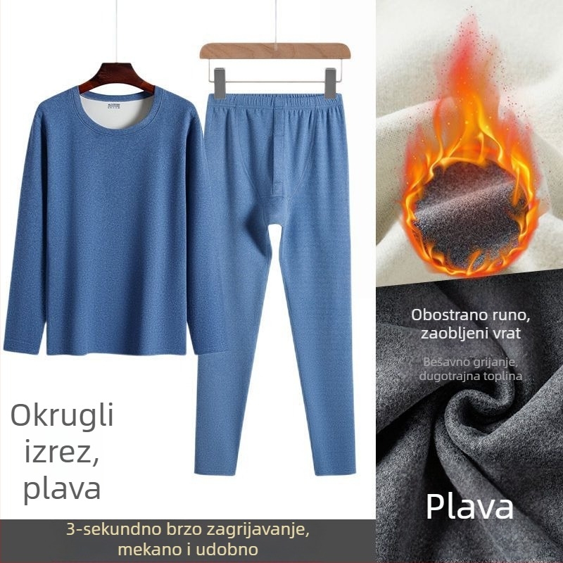 Muški dvostrani Derong termalni komplet s plišanim podstavom, V-izrez ili okrugli izrez, dugi rukav, dugačke hlače, toplo, anti-piling