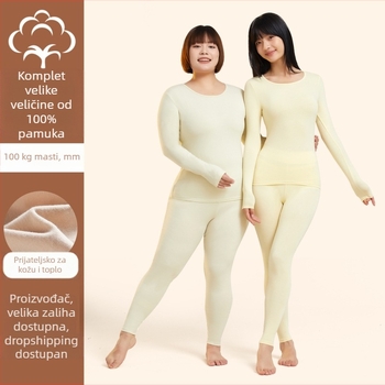 Antibakterijski plus-size ženski pamukni termalni komplet za jesen: gornji dio i hlače, visoka elastičnost, ugodan koži, topao osnovni sloj